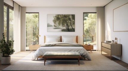 interior, bedroom in mid-century modern style, clean modern desighn featuring neutral color scheme, beautiful light, bright spaces, high quality, 16:9