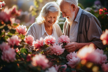 A senior couple lovingly tends to their vibrant garden, cultivating beauty in their peaceful oasis