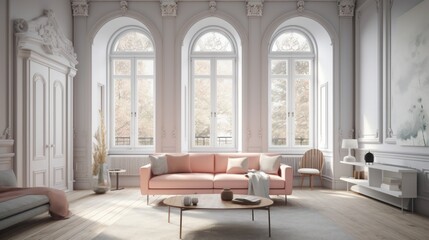 interior, living room in a victorian architectural style, clean modern design featuring pastel color scheme, beautiful light, bright room, high quality, 16:9