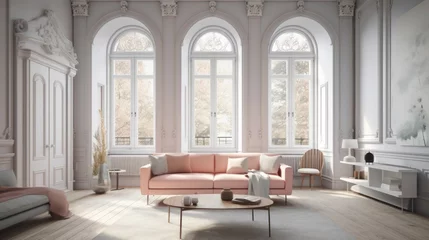 Fototapeten interior, living room in a victorian architectural style, clean modern design featuring pastel color scheme, beautiful light, bright room, high quality, 16:9 © Christian
