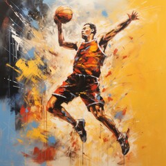 Street basketball player slam dunk in a painting colorful impressionist artwork with paint splats illustration.
