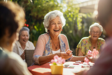 A senior woman enjoys a game of cards with friends, sharing laughter and camaraderie