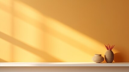 minimal abstrac light, blurry yellow orange background modern office, shadow und light from windows on wall, for product placement, high quality, 16:9