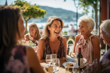 A senior woman enjoys quality time with friends at a cozy outdoor cafe