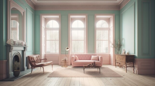 interior, living room in a victorian architectural style, clean modern design featuring pastel color scheme, beautiful light, bright room, high quality, 16:9
