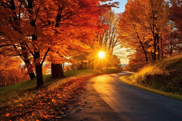 Naklejka na ściany i meble road through forest in sunny autumn, ai generated