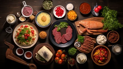 Foto auf Leinwand Food photograph showing a knolling, flatlay of typical german dishes ( Salami, cheese, bread, vegetables ), high quality, 16:9 © Christian