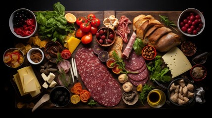 Food photograph showing a knolling, flatlay of typical german dishes ( Salami, cheese, bread, vegetables ), high quality, 16:9 - obrazy, fototapety, plakaty