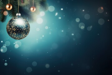 Obraz na płótnie Canvas Photo with copy space. Christmas background with fir tree and festive decoration on blue background.