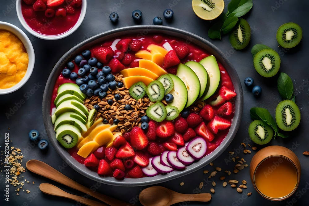 Poster create an image of a colorful and refreshing smoothie bowl with an assortment of toppings - ai gener