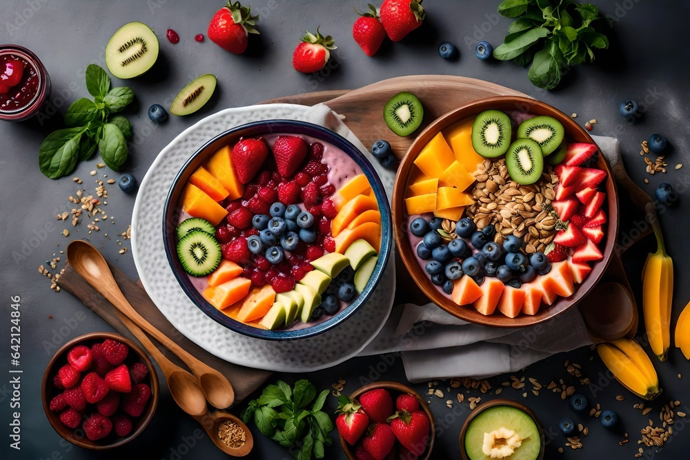 Poster create an image of a colorful and refreshing smoothie bowl with an assortment of toppings - ai gener