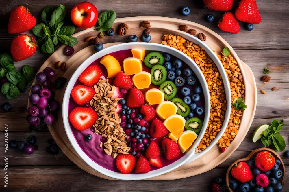 Poster create an image of a colorful and refreshing smoothie bowl with an assortment of toppings - ai gener