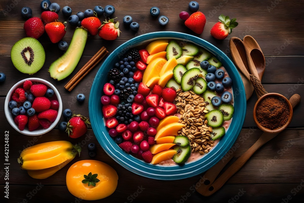 Poster create an image of a colorful and refreshing smoothie bowl with an assortment of toppings - ai gener