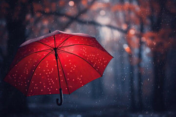 close-up of red umbrella with heavy rain, ai generated