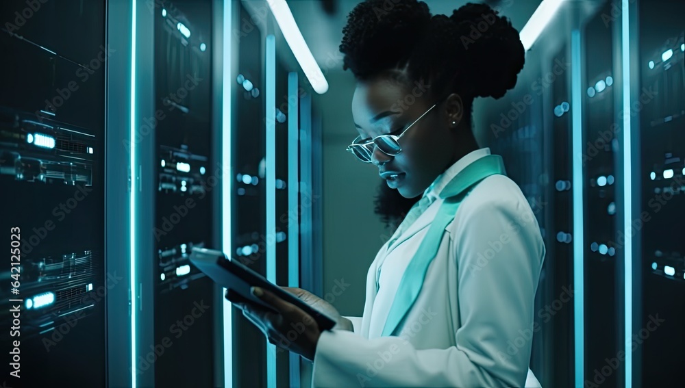 Poster a female technician in a data center, maintaining servers and ensuring efficient information technol