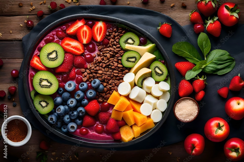 Poster create an image of a colorful and refreshing smoothie bowl with an assortment of toppings - ai gener
