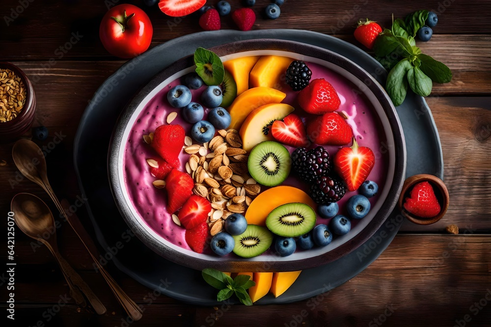 Poster create an image of a colorful and refreshing smoothie bowl with an assortment of toppings - ai gener