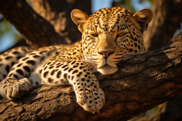 The leopard lies on a tree