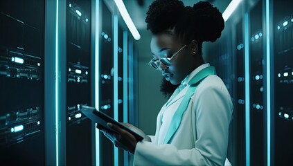 A female technician in a data center, maintaining servers and ensuring efficient information technology operations.
