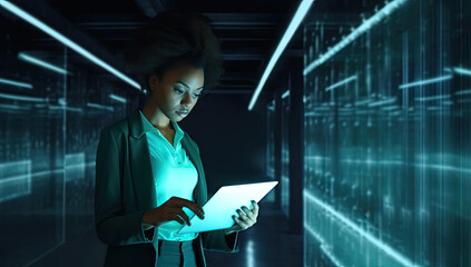 A businesswoman navigating a futuristic digital interface, symbolizing the fusion of technology and human intelligence in the modern world.