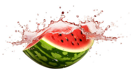 Sliced piece of watermelon with water splash isolated on transparent background