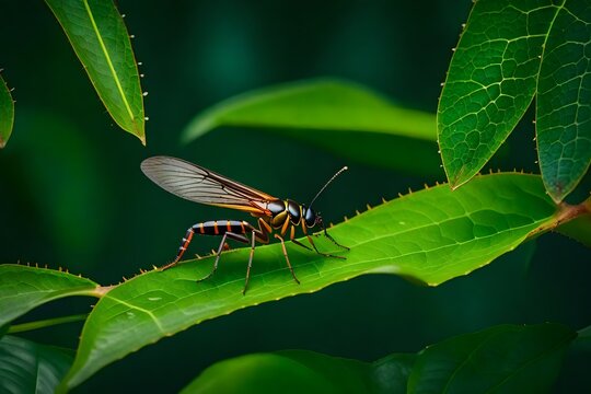 Exotic insects and bugs crawling on jungle leaves and branches - AI Generative