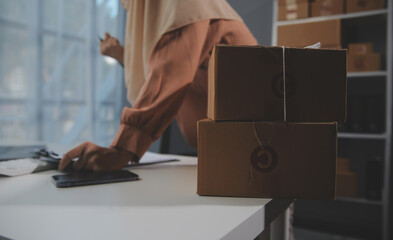 Starting small businesses SME owners female entrepreneurs Write the address on receipt box and...