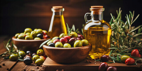 Fresh and juicy olives in wooden bowls. Production of olive oil. Harvesting