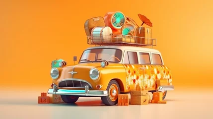 Raamstickers Retro car with surfboard, suitcases and palms, Summer vacation concept, generative ai © Deep Ai Generation