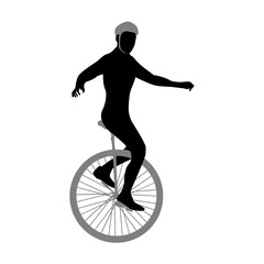 Silhouette of a person riding a unicycle with a helmet on