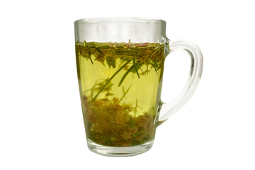 Glass mug with chamomile tea isolated on transparent background.
