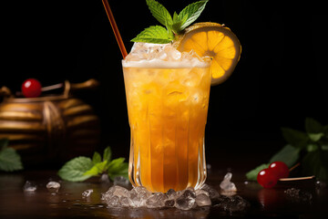 Glass of fresh Mai Tai cocktail with lemon, mint and cherry on a black background