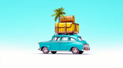 Retro car with surfboard, suitcases and palms, Summer vacation concept, generative ai