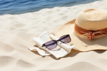 Straw hat on beach. Summer Holidays concept.