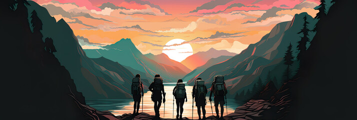 Group of tourists against mountains and river backdrop in the sunrise