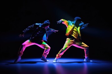 Young expressive hip-hop dancers in UV light