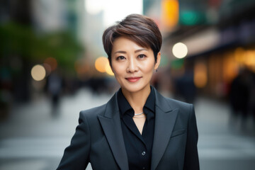 Portait of elegant middle age Asian business woman professional corporate office worker, manager, successful entrepreneur, wearing gray suit standing in city street