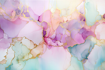 Alcohol ink abstrackt painting pattern using baby pink, seafoam and lavendar with minimal gold accents - obrazy, fototapety, plakaty