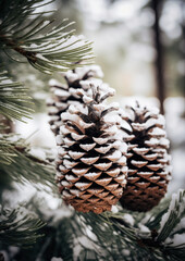 Minimal concept of the change of seasons, autumn and winter. Christmas tree mammals covered with the first white soft snow. Background.