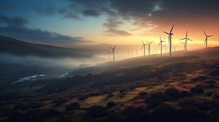 Photo of a picturesque sunset with a group of windmills on a hill