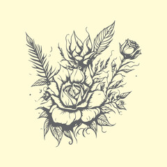 Vector sketch trendy fantasy tattoo design for apparel and t shirts. sticker, mascot, tattoo, rose, snake, fantasy, devil, artwork, textile, wildlife, hand drawn, illustration, angry, print, skeleton.