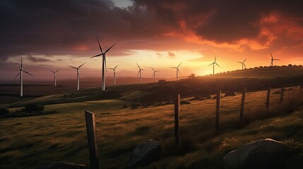 Obraz premium Photo of a picturesque sunset with a group of windmills on a hill