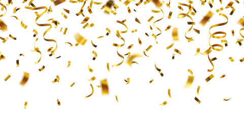 Realistic falling gold confetti and streamers seamless pattern on transparent background - 642128821