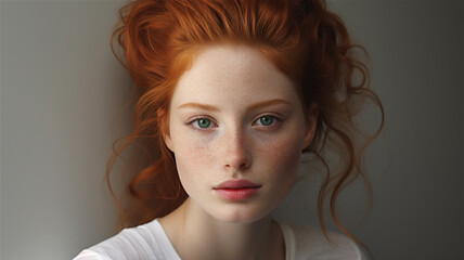 A studio portrait of a model with red hair and clear skin promoting cosmetics, skin care, and makeup. Sensual and glamorous beauty.