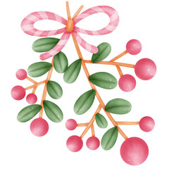 Single red branch christmas holly berry with red ribbon illustration