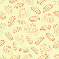 Cake and cheesecake are the perfect complement to breakfast, lunch and dinner, vector, seamless pattern, background, package