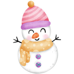 Single snowman with red purple hat and orange scarf illustration