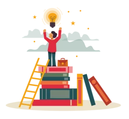 Fotobehang Sky is the limit. A man on a stack of books. Vector illustration. Separated items on a white background. Empowerment and girl power. Accomplishment. © Aurore