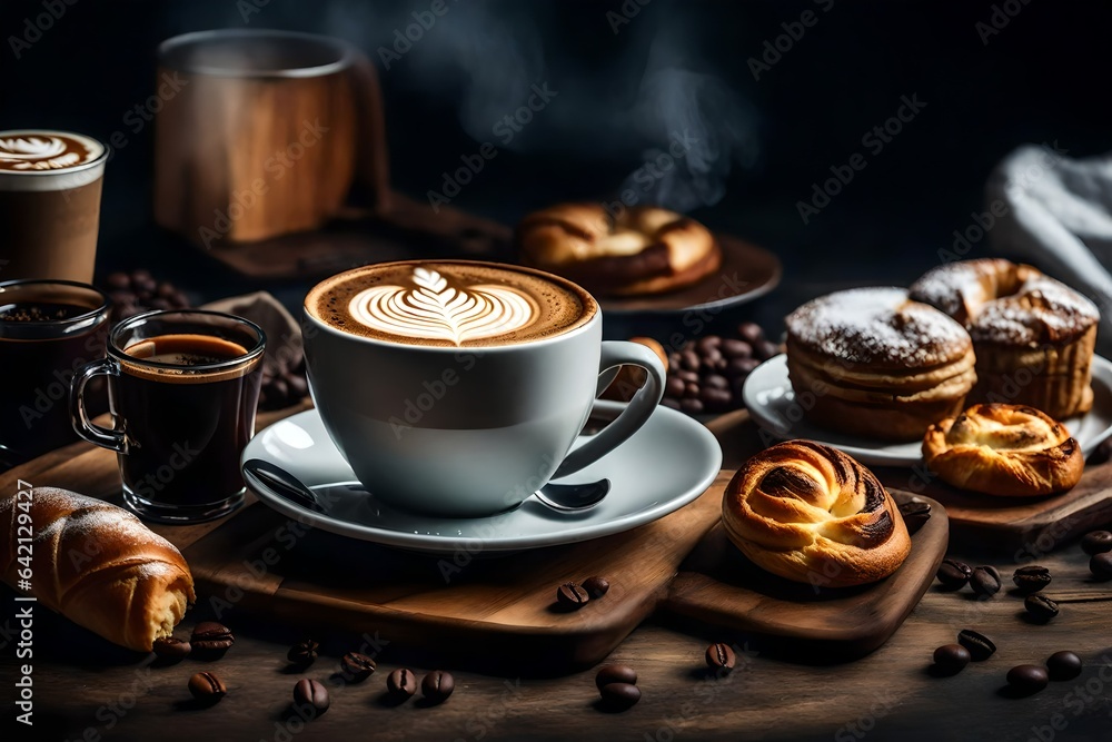 Poster generate a perfect image of a steaming cup of coffee with latte art and a side of pastries - ai gene