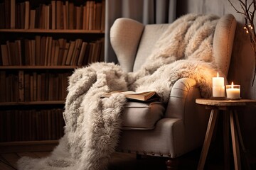 Gemütliche Leseecke im Winter. Weiße Kuscheldecke auf dem Sessel in warmer Atmosphäre mit Bücherregal.